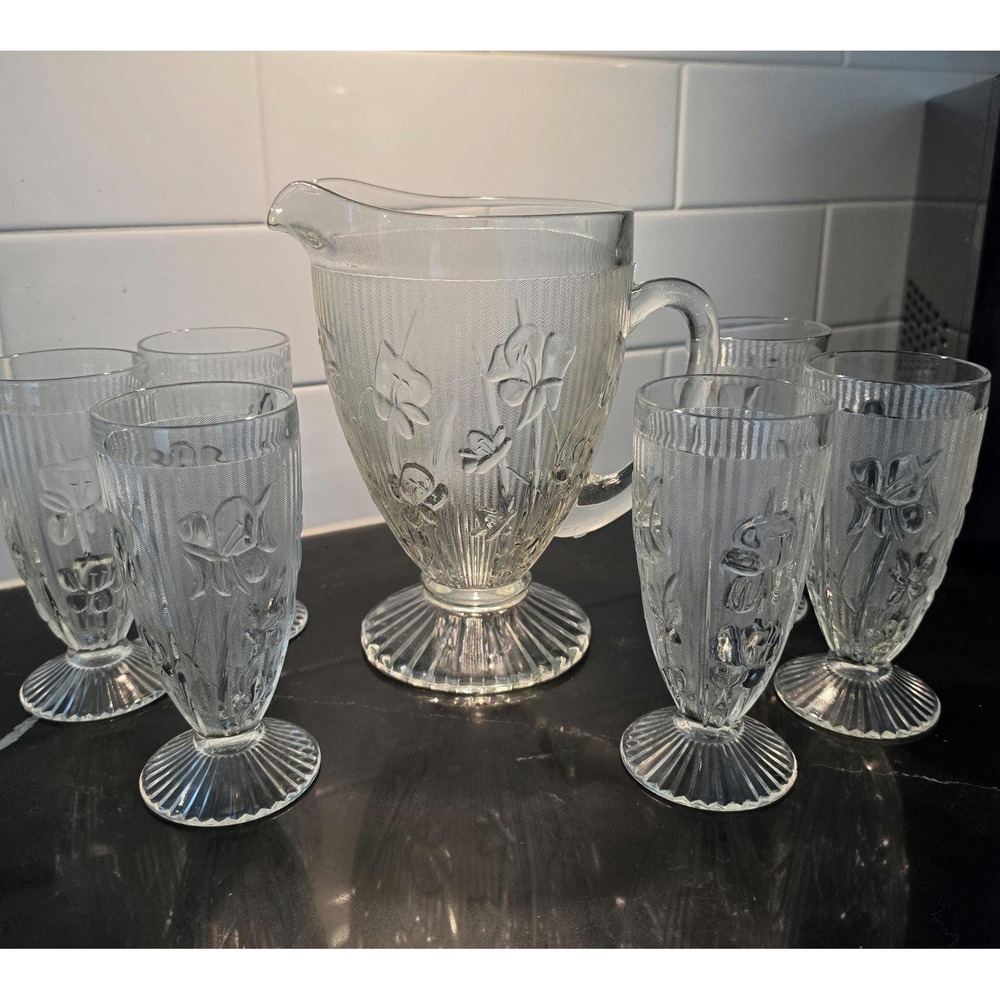 Jeannette Iris & Herringbone Depression Glass Pitcher and 6 Tumblers Set Clear